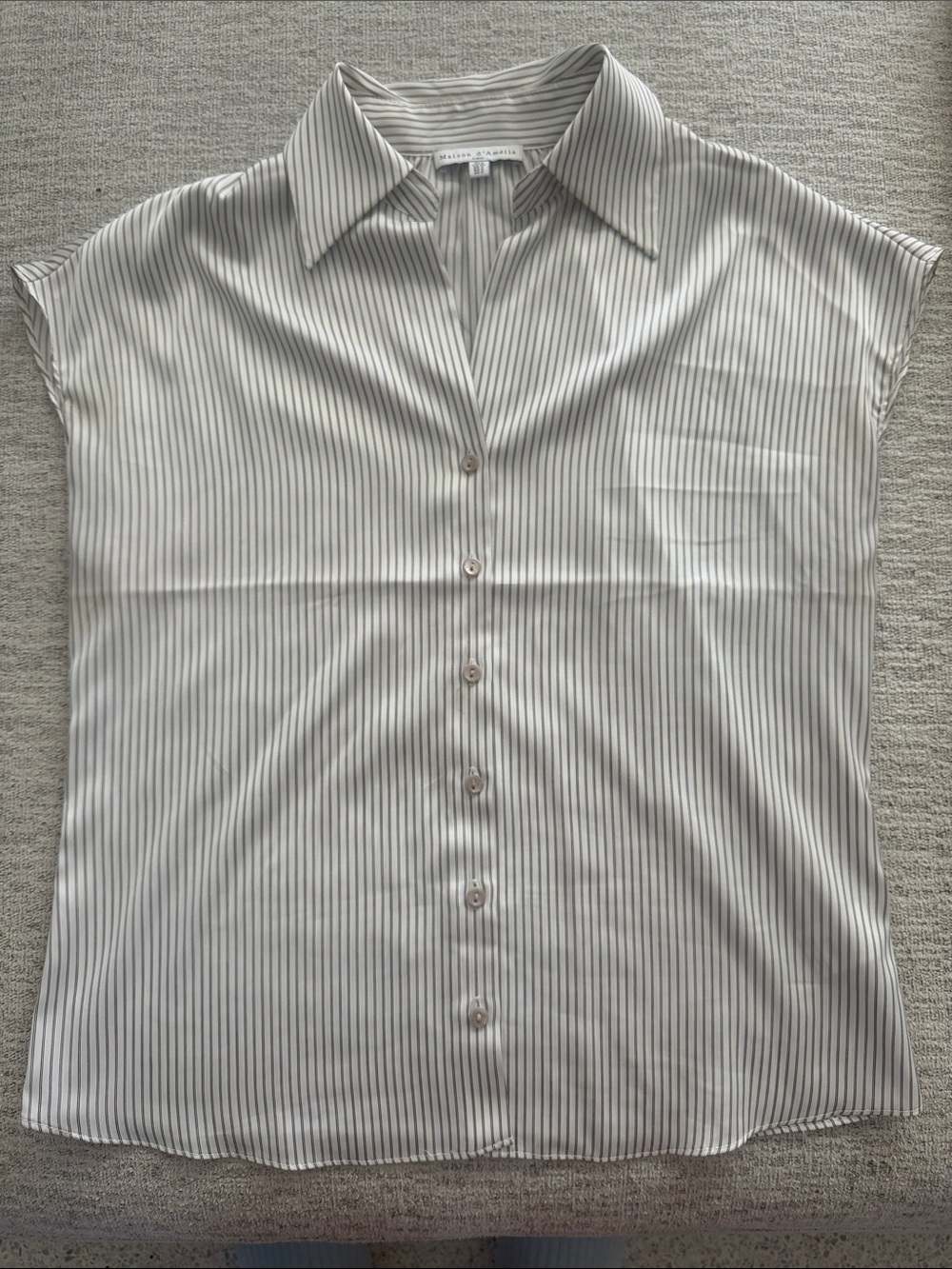Maison d’Amelie Short-Sleeve Button-Up Shirt in White with Thin Black Stripes